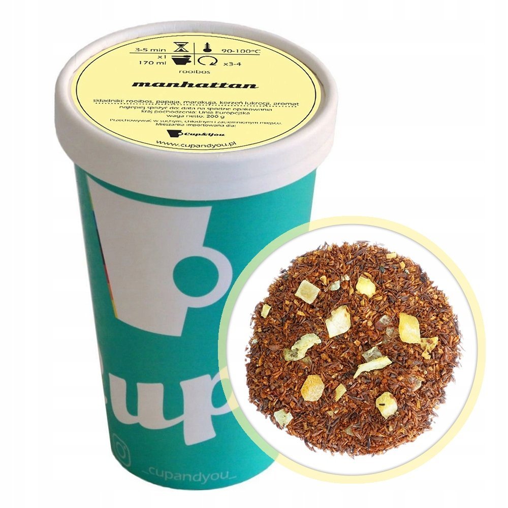 Herbata Rooibos MANHATTAN czerwonokrzew bezkofeinowa na prezent papaja 200g - herbata liściasta sypana mieszanka napar susz