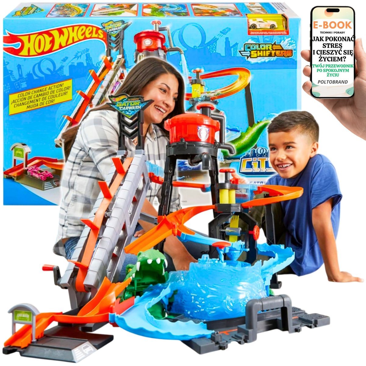 DUŻY ZESTAW HOT WHEELS Myjnia Samochodowa z Krokodylem AUTKO TOR WYŚCIGOWY DLA DZIECKA SYNA NA ŚWIĘTA + EBOOK-1
