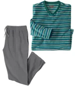 Piżamy męskie - Piżama w paski z mikropolaru i z dekoltem w serek Winter Mężczyzna Atlas For Men - Kolor : Pasiasty - Rozmiar : 4XL - miniaturka - grafika 1