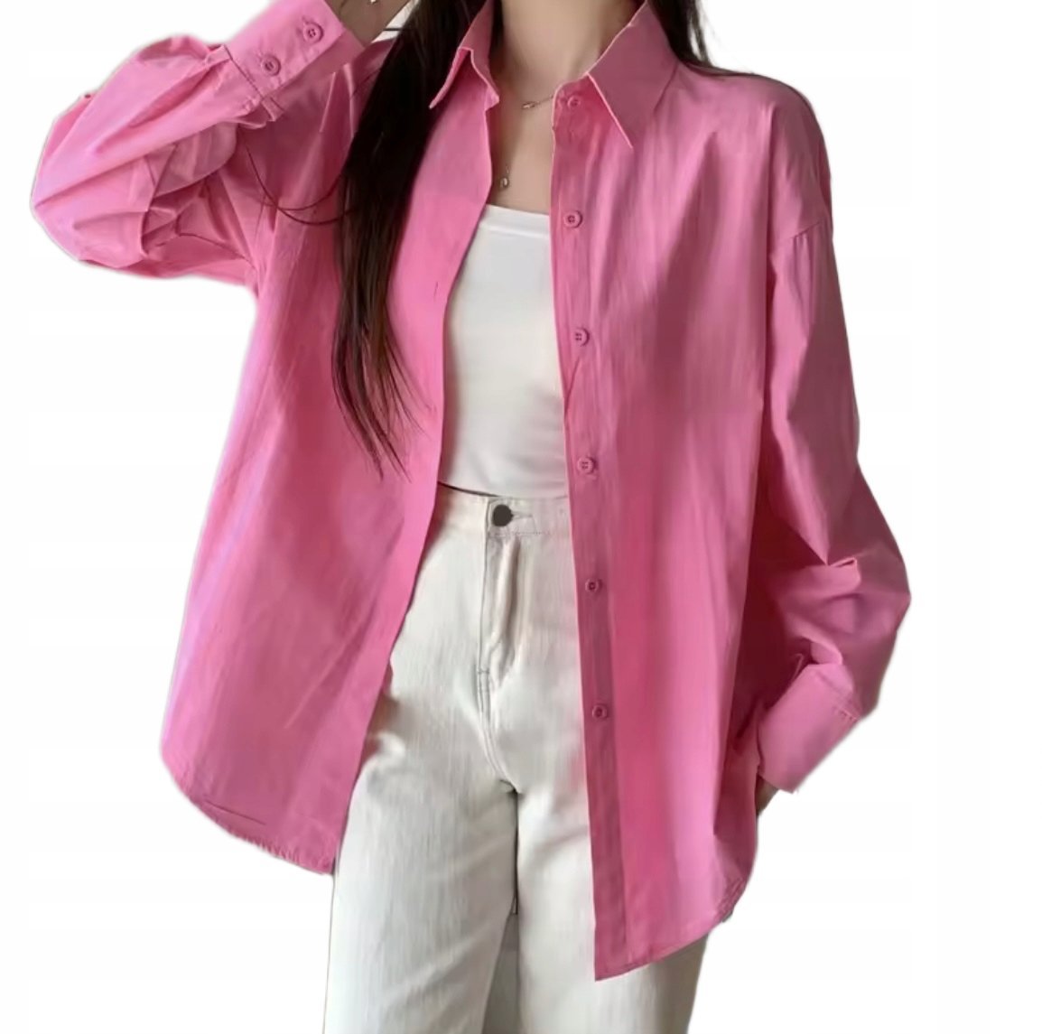 BAWEŁNIANA LUŹNA KOSZULA DAMSKA NA GUZIKI RÓŻOWA L