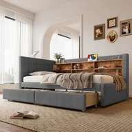 Sofy i kanapy - Sofa rozkładana 90x200 cm - z 2 szufladami - port USB + Typ C - ze schowkiem - pościel - beżowa (materac nie jest wliczony w cenę) - miniaturka - grafika 1