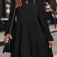 Sukienki - TEMU Elegancka Sukienka Zimowa w Kształcie Litery A dla Kobiet - Jednokolorowa (Czarna/Granatowa/Węglowa) - Długość do Kolan, Pranie w Praniu - miniaturka - grafika 1