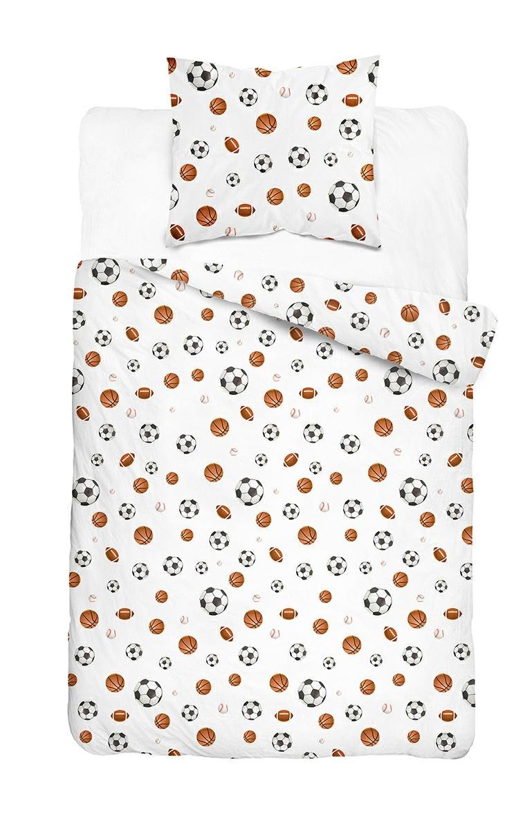 Pościel dziecięca 140x200 biała w piłki sportowe – KidsDreams