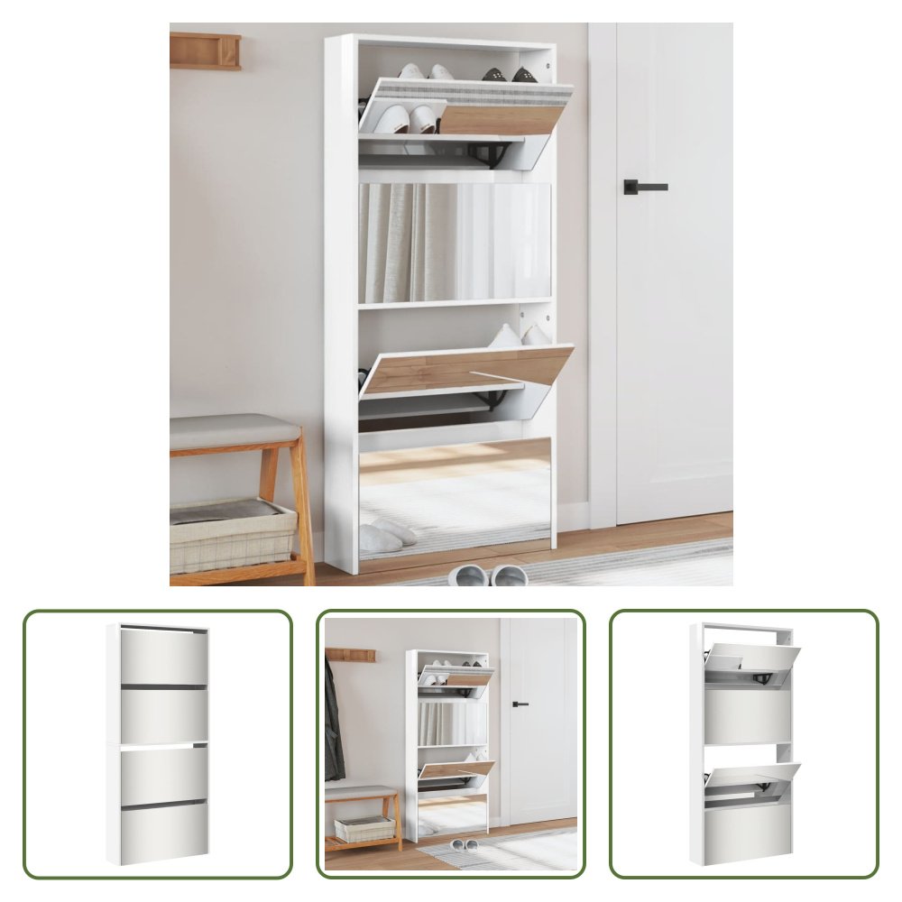 The Living Store Szafka na buty z lustrem 4 przegrody biały wysoki połysk 63x17x134 cm