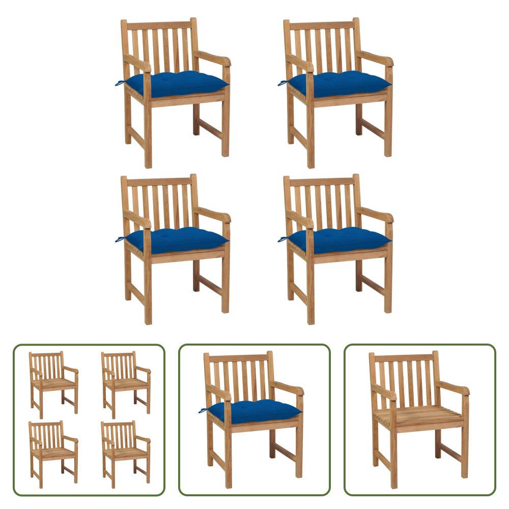 The Living Store krzesła ogrodowe 4 szt. z niebieskimi poduszkami z litego drewna tekowego