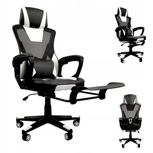 FOTEL GAMINGOWY DLA GRACZA BIUROWY KOMPUTEROWY OBROTOWY + PODNÓŻEK KG100 BIAŁO-CZARNY - Fotele gamingowe - miniaturka - grafika 1