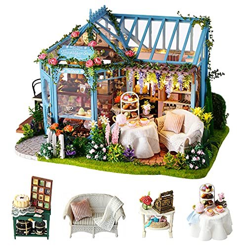 Cuteroom DIY Mini Dollhouse zestaw mebli drewnianych, różowy ogród herbata dom