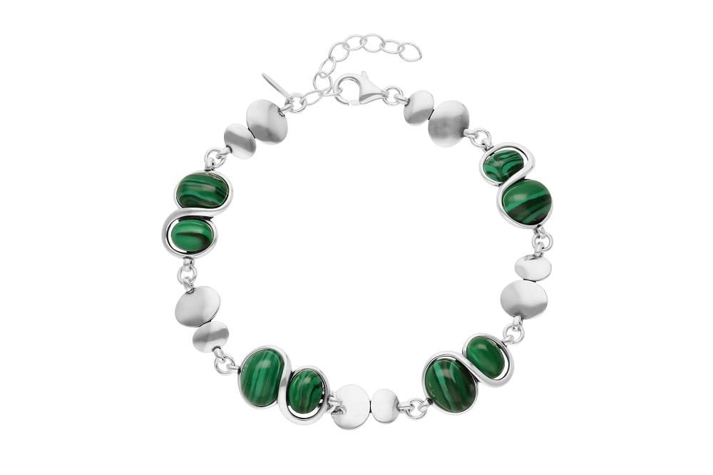 Srebrna bransoletka 925 regulowana gładka z zielonymi kamieniami Malachit