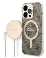 Etui i futerały do telefonów - Etui do iPhone 14 Pro Max Guess 4G Gold Brown Magsafe + Charger - brązowe - miniaturka - grafika 1