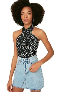 TRENDYOL Damska bluzka z dzianiny Young Slim Fit, wiązana na szyi, czarny - Bluzki damskie - miniaturka - grafika 1