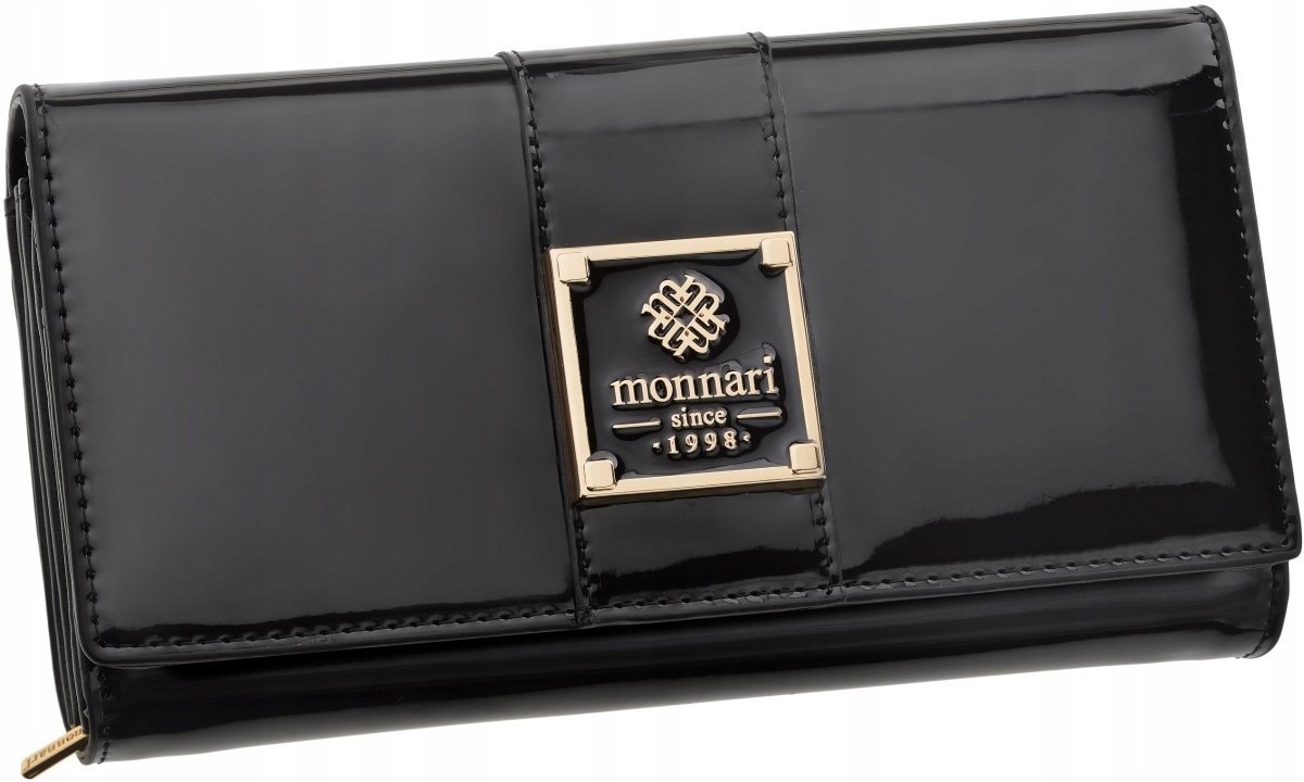 Monnari Elegancki Portfel Damski Klasyczny Duży Czarny Lakierowany Prezent
