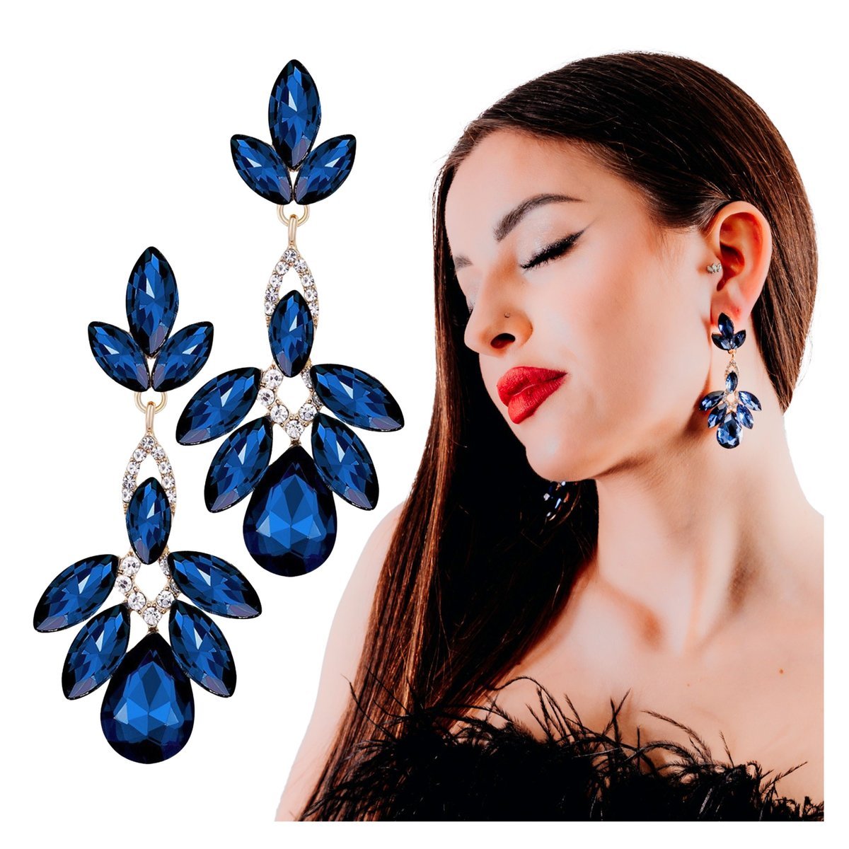 Kolczyki Wiszące Złote Niebieskie Długie z Cyrkoniami Lekkie i Efektowne