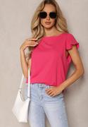 Koszulki i topy damskie - Różowy T-shirt z Bawełny z Falbankami Zamiast Rękawów Kleuria - miniaturka - grafika 1