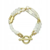 Bransoletki - Bransoletka Z Kamieni Naturalnych Podwójna Z Pereł I Szkła Biała Elegancka - miniaturka - grafika 1