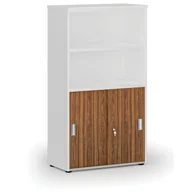 Szafy biurowe - Szafa biurowa kombinowana PRIMO WHITE, drzwi przesuwne na 2 poziomach, 1434 x 800 x 420 mm, biały/orzech - miniaturka - grafika 1