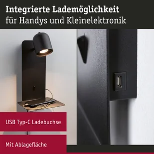 Paulmann Malena spot ścienny USB z półką, czarny - Lampy ścienne - miniaturka - grafika 4