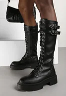 Kozaki damskie - Czarne Sznurowane Kozaki na Platformie w Stylu Workerów z Paskami i Klamrami Asintoria - miniaturka - grafika 1