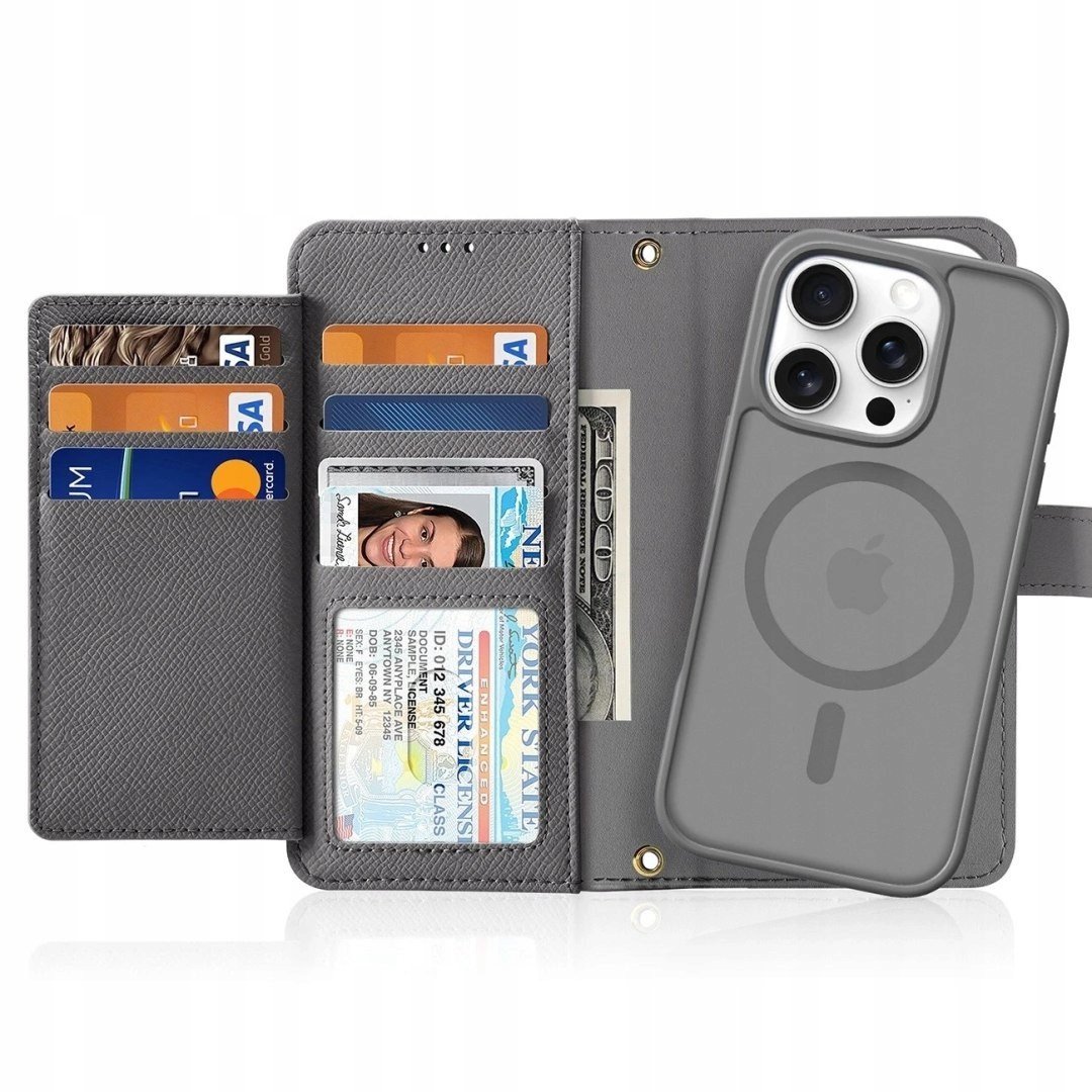 Etui skórzane do iPhone 16 Pro Max Dux Ducis Lawa z portfelem MagSafe szare