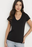 Koszulki i topy damskie - Czarny T-shirt z Bawełny z Dekoltem w Serek Liniviela - miniaturka - grafika 1