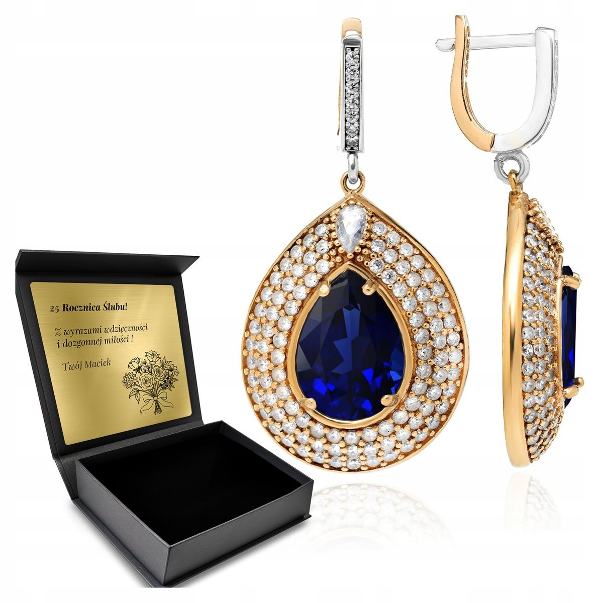 Kolczyki Srebrne 925 Cyrkonie I Szafir Biżuteria Dla Kobiety + Grawer