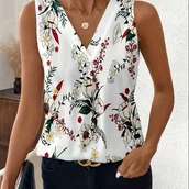 Inne - TEMU Bluzka bez rękawów dla kobiet z kwiatowym nadrukiem - Biała z kolorowymi kwiatami i zielonymi liśćmi, Dekolt w kształcie litery V, Idealna na - miniaturka - grafika 1