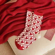Skarpetki damskie - TEMU 1/2 Para Damskie Czerwono-Białe Skarpetki do Połowy Łydki z Nadrukiem i Liter - Zimowa Ciepło, Miękkie z Wzorami , Czerwono-Biały Color Block, - miniaturka - grafika 1