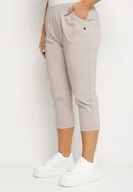 Spodnie damskie - Jasnobeżowe Spodnie z Wiskozą Ozdobione Kieszeniami Liranta - miniaturka - grafika 1