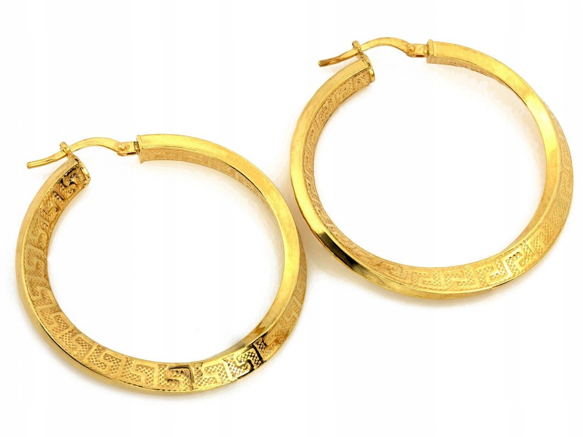 Srebrne kolczyki 925 pozłacane szerokie koła z wzorem greckim 5.62g prezent