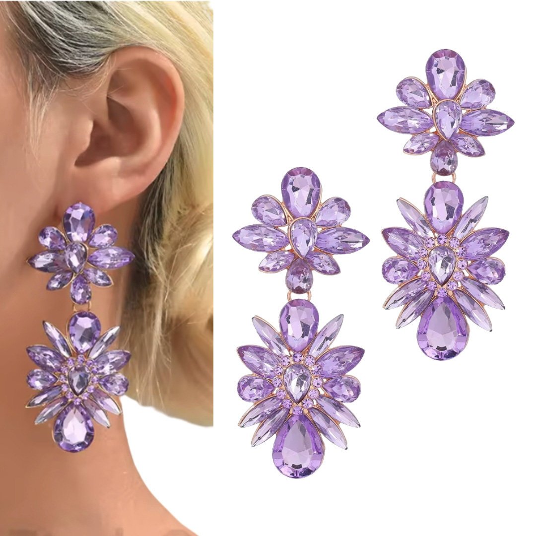 Długie kolczyki złote lawendowe fioletowe kryształowe cyrkonie błyszczące