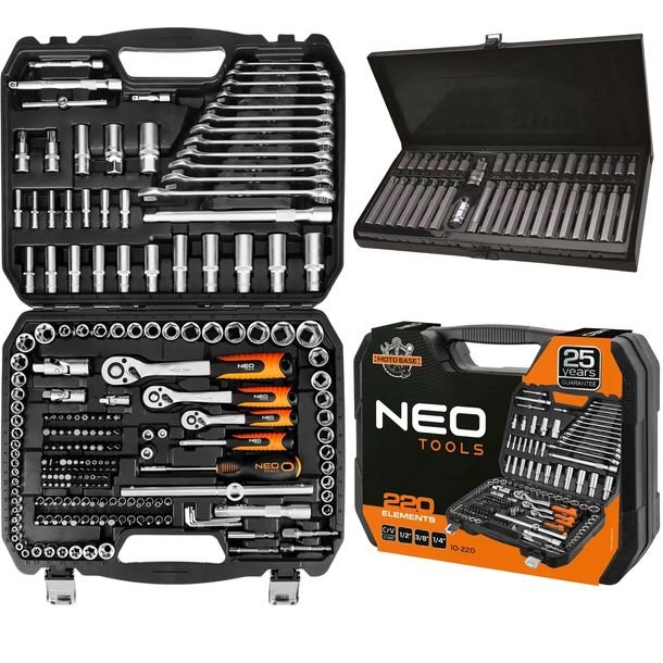 NEO Zestaw Kluczy Nasadowych 220 el + Zestaw Bitów 40 el. IMBUS TORX SPLINE