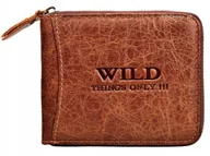 Portfele - Brązowy SKÓRZANY Portfel Męski Zamykany na SUWAK Poziomy Młodzieżowy WILD ! - miniaturka - grafika 1