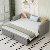 Łóżka dla dzieci i młodzieży - Łóżko rozkładane Merax 90x200cm/180x200cm, rozkładana sofa z listwowym stelażem i podłokietnikami, łóżko tapicerowane aksamitem, rozkładana sofa dla dzieci, jasnoszara - miniaturka - grafika 1