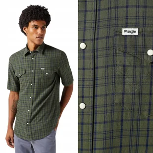 Wrangler SS WESTERN SHIRT Green Indigo BAWEŁNIANA KOSZULA KRÓTKI RĘKAW M - Koszule męskie - miniaturka - grafika 1