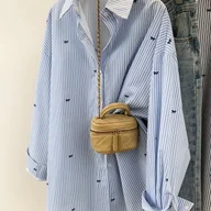 Koszule damskie - TEMU Pasiasta Koszula z Długim Rękawem dla Kobiet, Projektantka Oversize z Opadającymi Ramionami - miniaturka - grafika 1