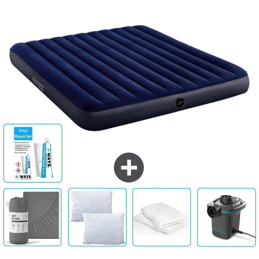 Dmuchane łóżko Intex - 2 osoby - 183 x 203 x 25 cm - niebieskie - w zestawie prześcieradło - buziak - pompka - zestaw naprawczy en ochraniacz na poduszkę