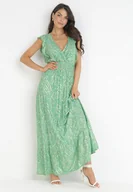 Sukienki - Zielona Maxi Sukienka Wiskozowa z Gumką w Talii i Metalicznym Nadrukiem Fianre - miniaturka - grafika 1