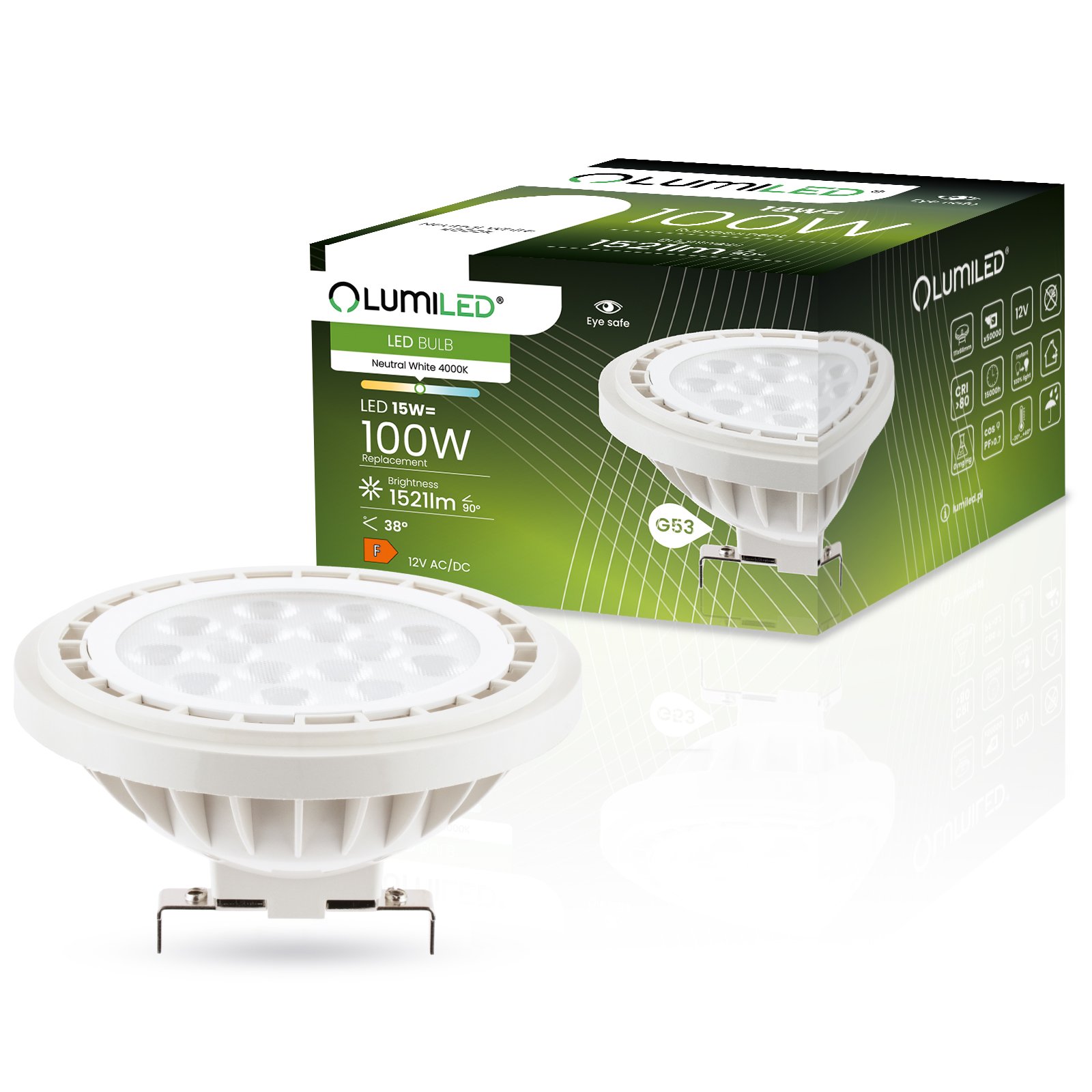 LUMILED Żarówka LED AR111 G53 gniazdo 12V DC/AC 15W (odpowiednik 100 watów) Neutralna biel 4000K 38° biel 1521 lm Odbłyśnik