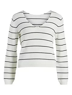 Swetry damskie - Vila Damski sweter VICHAO V-Neck L/S Knit TOP/SU-NOOS dzianinowy sweter, biały Alyssum/Stripes: czarny, M, White Alyssum/Stripes:black, M - grafika 1