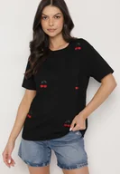 Koszulki i topy damskie - Czarny Bawełniany T-shirt Zdobiony Haftem z Motywem w Wiśnie Nevianira - miniaturka - grafika 1