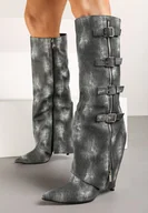 Kozaki damskie - Czarne Jeansowe Kozaki na Szpilce z Wywiniętą Cholewką Rialetta - miniaturka - grafika 1