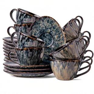 Serwis Kawowy Kasai Żółto-Zielony Na 12 Osób 24 Szt. Nowoczesny Do Zmywarki Komplet Filiżanka I Spodek - Filiżanki - miniaturka - grafika 1