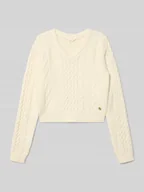 Swetry dla dziewczynek - Sweter krótki z dzianiny z detalem z logo - miniaturka - grafika 1