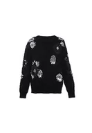 Swetry damskie - faina Damski sweter z okrągłym dekoltem z cekinami i kwiatowym wzorem, czarny, rozmiar M/L, czarny, XL - miniaturka - grafika 1