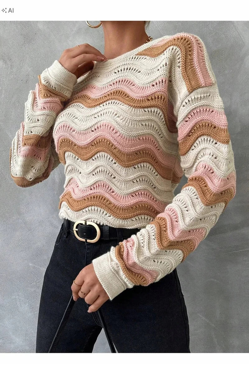 AŻUROWY SWETER PLECIONY W PASKI W STYLU BOHO M 5IA