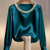 Koszule damskie - TEMU Elegancka Bluzka Damska z Okrągłym Dekoltem i Długim Rękawem, Ozdobiona Perłami – Jednokolorowa Podstawowa Koszula, Pranie w Praniu Maszynowym, - miniaturka - grafika 1