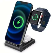 Ładowarki do telefonów - Ładowarka indukcyjna QI 15W 3w1 Wireless Charger do telefonu słuchawek zegarka Apple Watch AirPods iPhone Czarna - miniaturka - grafika 1