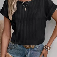 Koszule damskie - TEMU Jednokolorowa Koszula z Rękawami Nietoperza, Letni Damski Top z Okrągłym Dekoltem i Klapką - miniaturka - grafika 1