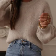 Swetry damskie - TEMU Elegancki Beżowy Sweter Damski z Okrągłym Dekoltem - Miękka Bluzka z Długim Rękawem, Wygodny Sweter na Każdą Porę Roku, Kurtka lub Warstwowa - miniaturka - grafika 1