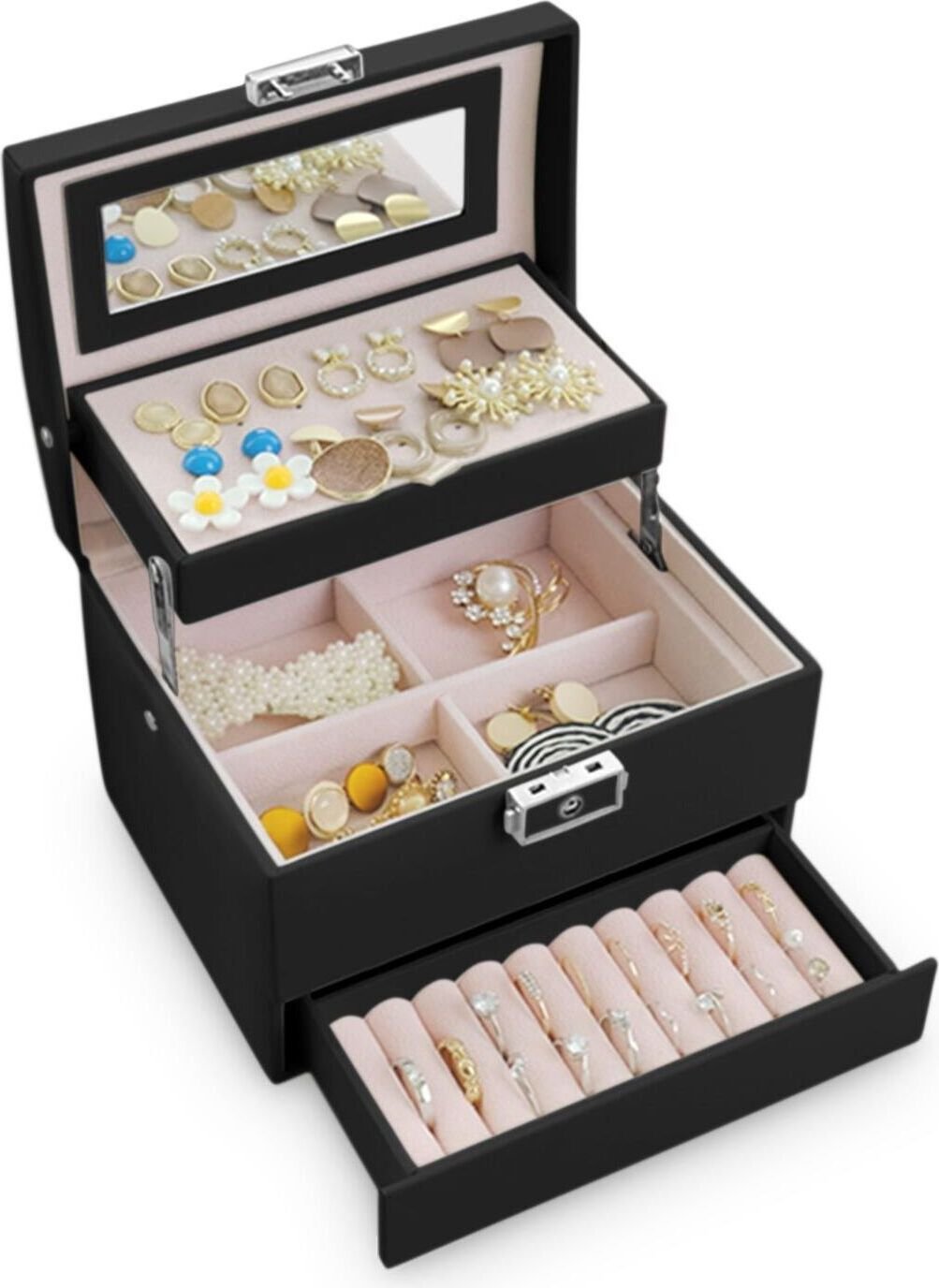 Szkatułka na biżuterię z rączką, Massido, 17x14x12 cm, czarna