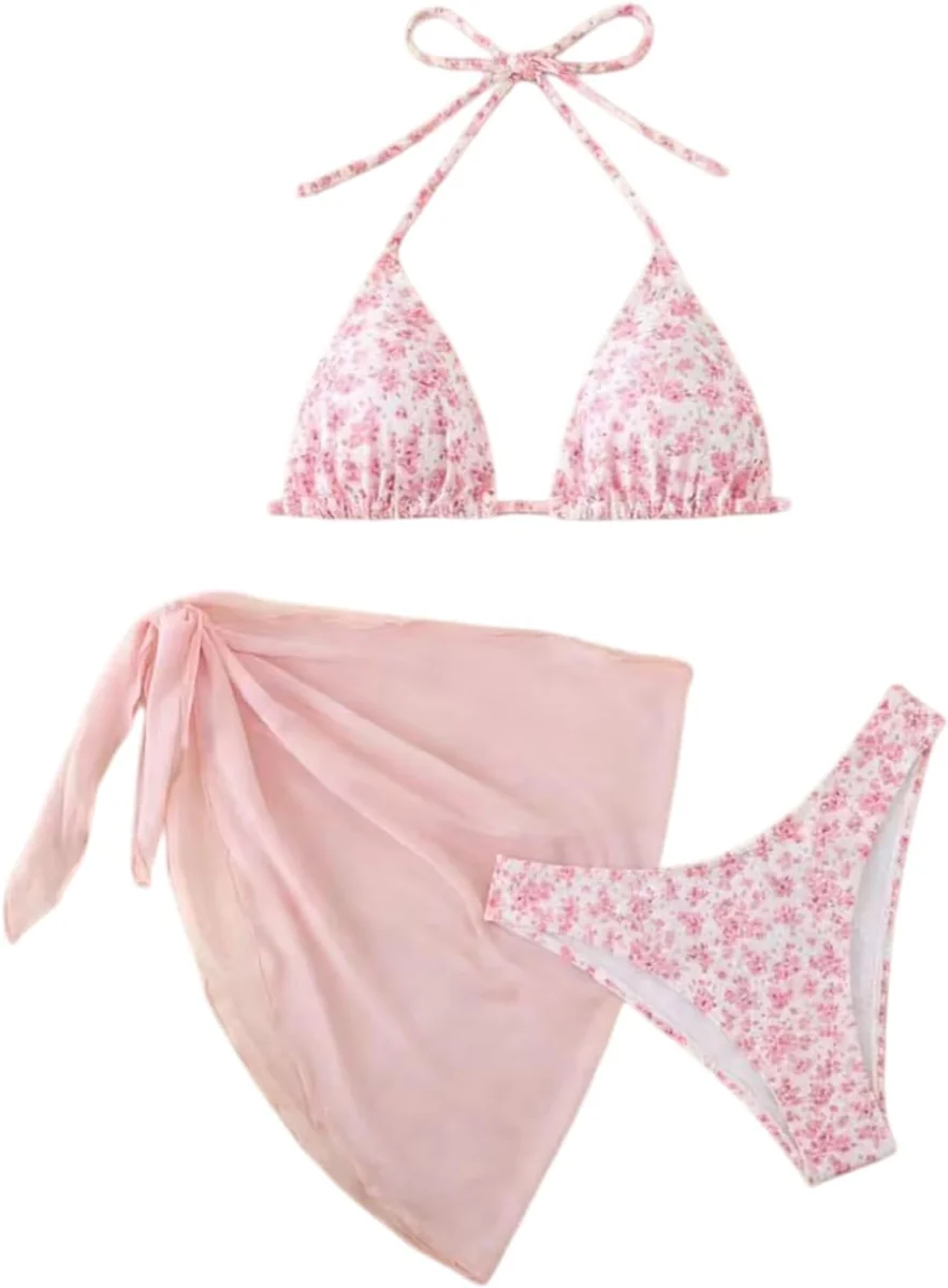 BIKINI 3-CZĘŚCIOWE ZESTAW PLAŻOWY DAMSKI STRÓJ KĄPIELOWY KWIATOWY MODA